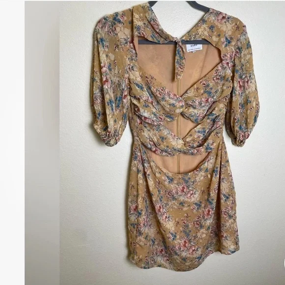 Sabo Keisha Floral Mini Dress Beige Peep Front Puff Sleeve Party SIZE XXS - Picture 3 of 10